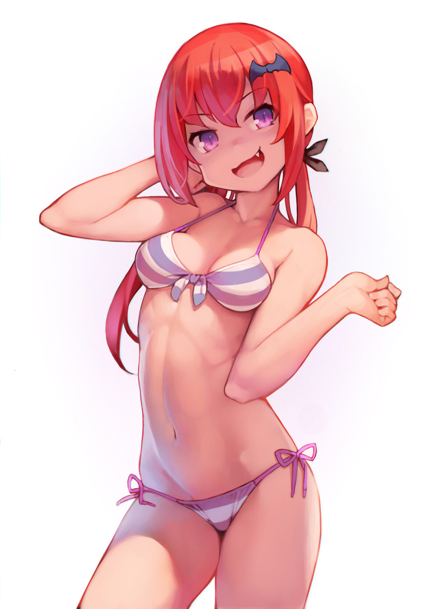 1girl 1girl :3 :d arm_up ataruman bikini breasts cleavage commentary_request contrapposto cowboy_shot fang front-tie_bikini_top front-tie_top gabriel_dropout high_res long_hair looking_at_viewer low_twintails navel open_mouth photoshop_(medium) purple_eyes red_hair satanichia_kurumizawa_mcdowell side-tie_bikini_bottom simple_background small_breasts smile striped striped_bikini swimsuit twin_tails white_background