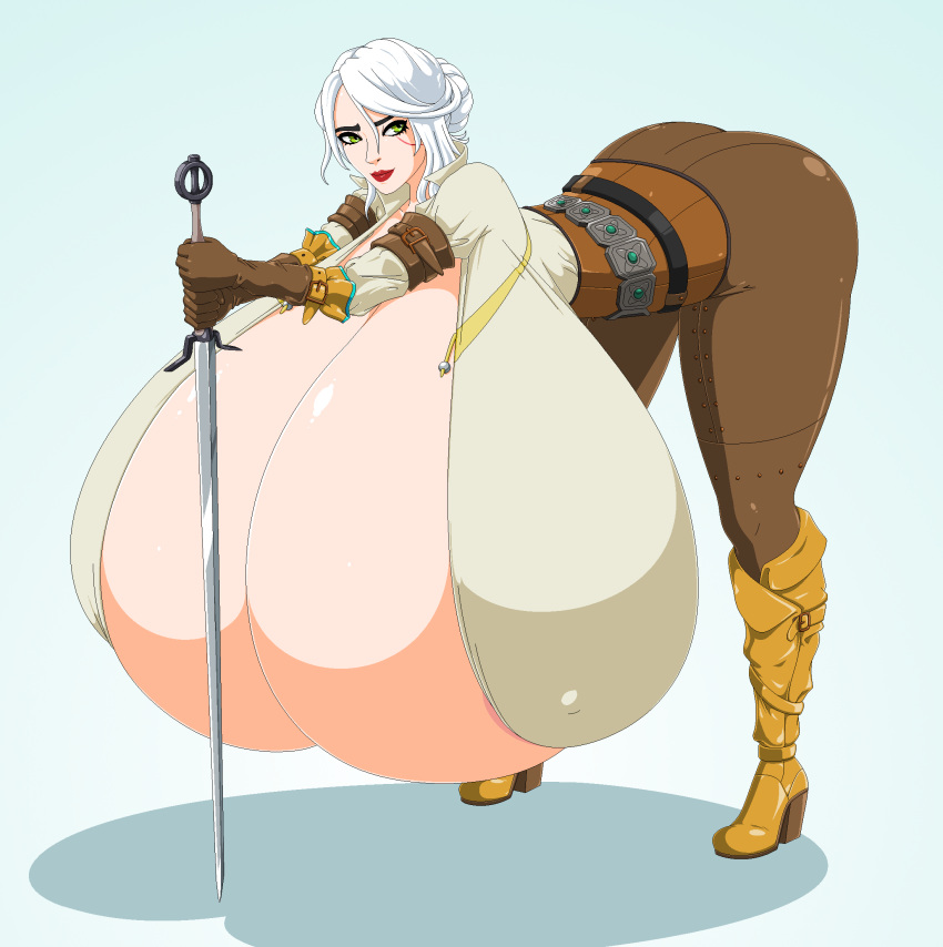 breast_expansion ciri cirilla_fiona_elen_riannon dea-jn gigantic_breasts green_eyes scar sword the_witcher white_hair