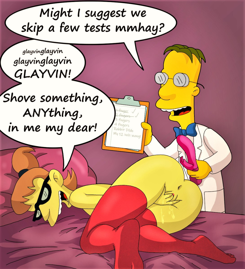 1girl ass evilweazel_(artist) fingering glasses masturbation professor_frink shaved_pussy stockings the_simpsons thighs