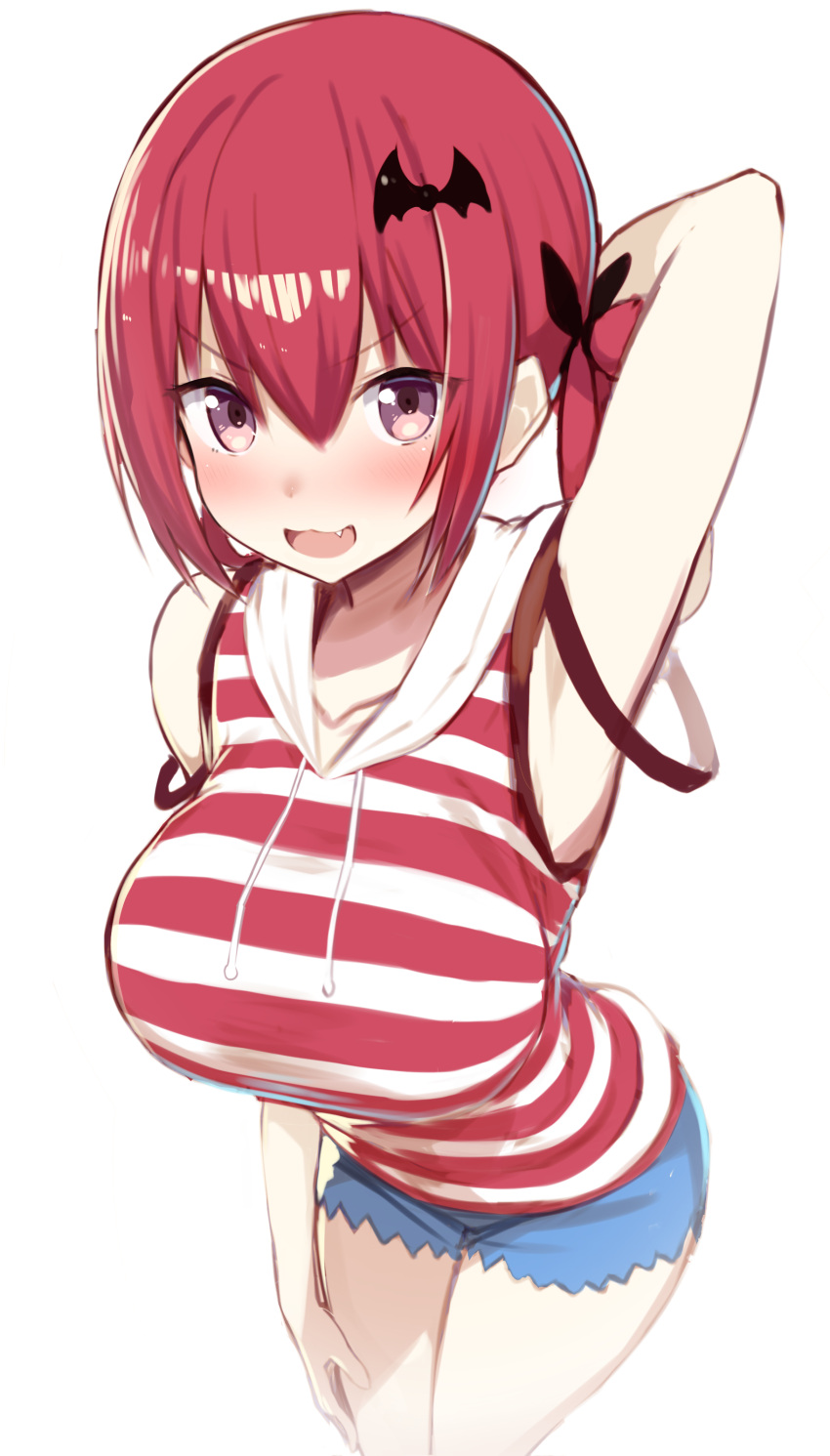 1girl absurd_res arm_behind_head arm_up armpits bare_arms bare_shoulders bat_hair_ornament big_breasts blue_shorts breasts collarbone cowboy_shot denim denim_shorts drawstring gabriel_dropout greatmosu green_shirt hair_between_eyes hair_ornament high_res hood hood_down hoodie leaning_forward looking_at_viewer perspective purple_eyes red_hair red_shirt satanichia_kurumizawa_mcdowell sfw shirt short_shorts shorts sidelocks simple_background sleeveless sleeveless_hoodie sleeveless_shirt standing striped striped_shirt thighs v-shaped_eyebrows white_background