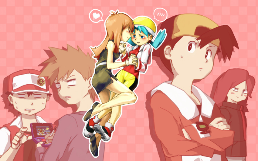 2girls 4boys alakazam bangs bare_legs baseball_cap black_dress black_hair blue_(pokemon) blue_(pokemon)_(classic) blush brown_hair crystal_(pokemon) donnpati dress full_body gold_(pokemon) hand_holding handheld_game_console hat heart holding_hands long_hair multiple_boys multiple_girls nintendo nintendo_3ds nintendo_ds ookido_green ookido_green_(classic) pikachu pokegear pokemon pokemon_(game) pokemon_gsc pokemon_rgby pokemon_special red_(pokemon) red_(pokemon)_(classic) red_hair silver_(pokemon) spoken_blush spoken_heart stylus surprised sweatdrop twintails yuri