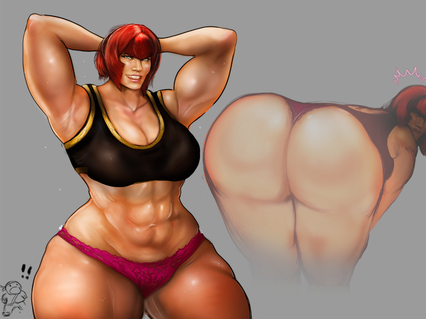 1girl abs armpits ass big_ass big_breasts breasts huge_ass hyper_thighs jaguar_(artist) marisa_(street_fighter) muscular muscular_female panties pink_panties red_hair short_hair sports_bra street_fighter street_fighter_6 thick_thighs