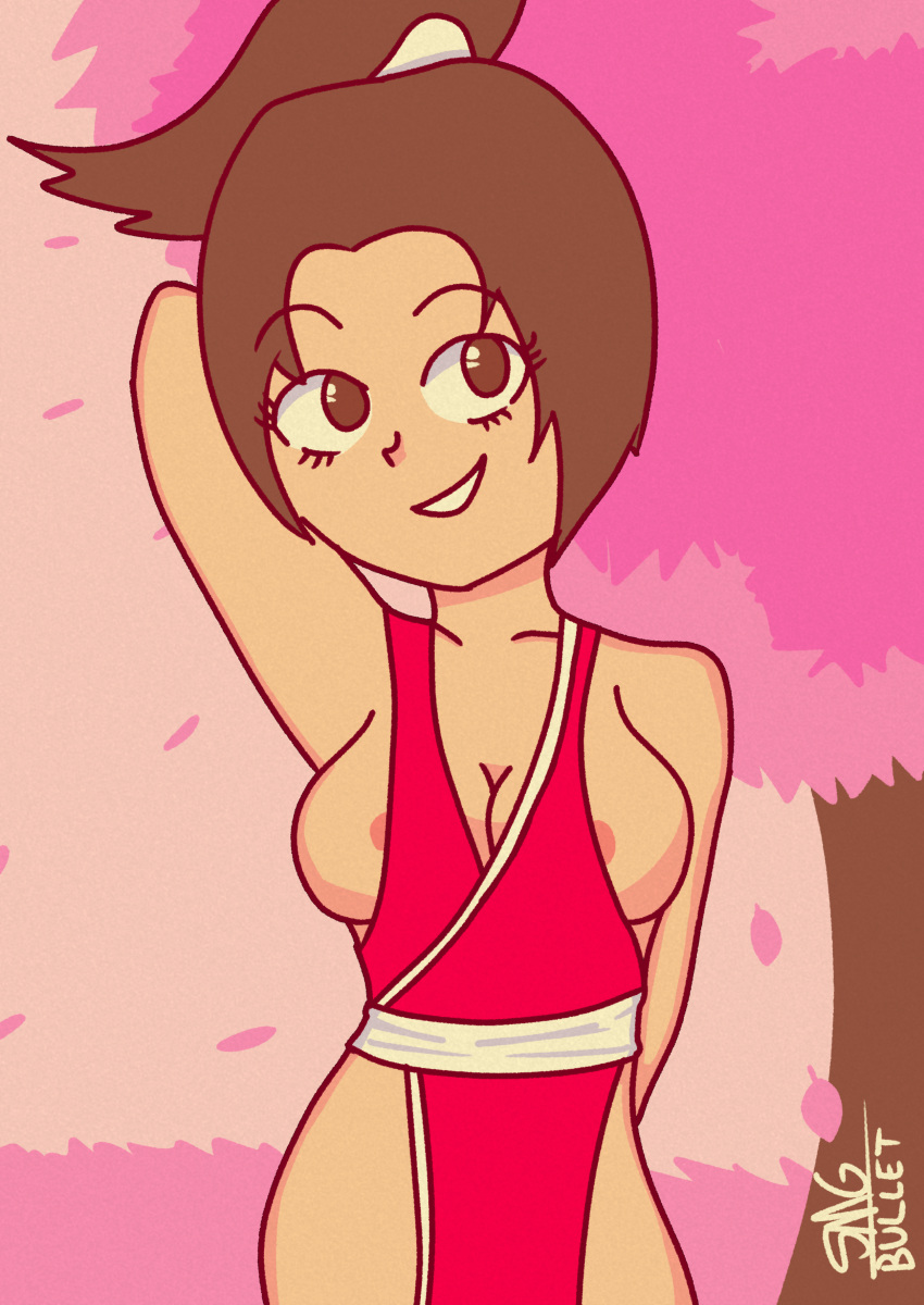 1girl areola areola_slip areolae artist_name breasts brown_hair female_only king_of_fighters kof mai_shiranui self_upload shiranui_mai smgbullet