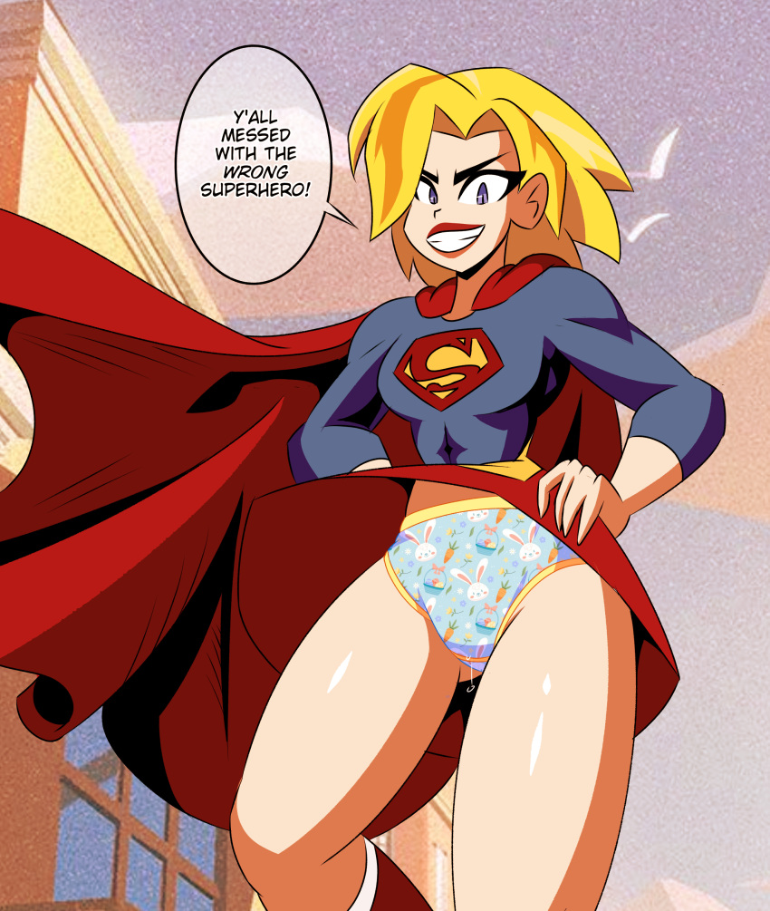 1girl 2022 accidental_exposure animal_print_panties ass_visible_through_thighs blonde_hair blue_eyes childish_panties cute dc_comics dc_super_hero_girls dialogue embarrassed embarrassed_underwear_female embarrassing euf female_only imsomethingradical kara_danvers kara_zor-el kryptonian light-skinned_female looking_at_viewer panties printed_panties pussy_juice rabbit_print skirt speech_bubble supergirl thick_thighs upskirt wide_hips