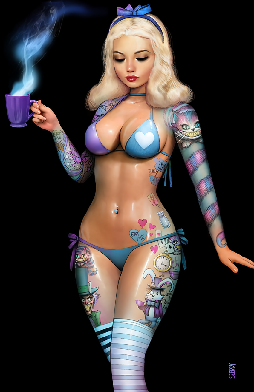 alice_(disney) alice_in_wonderland alice_liddell bikini blonde_hair disney nathan_szerdy tattooed_arm tattoos