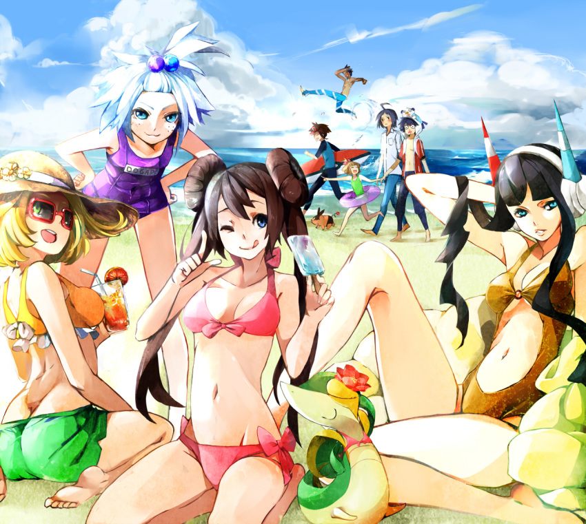 3boys 5girls alternate_costume ass beach bel_(pokemon) belly bikini blood breasts cheren_(pokemon) flower freckles gym_leader homika_(pokemon) hue's_sister hue_(pokemon) kamitsure_(pokemon) kyouhei_(pokemon) mei_(pokemon) multiple_boys multiple_girls navel nintendo nosebleed o_o oshawott pokemon pokemon_(game) pokemon_bw pokemon_bw2 ribbon school_swimsuit shizui_(pokemon) snivy spinzaku swimsuit tepig touko_(pokemon) touya_(pokemon) tribute_(tributism)