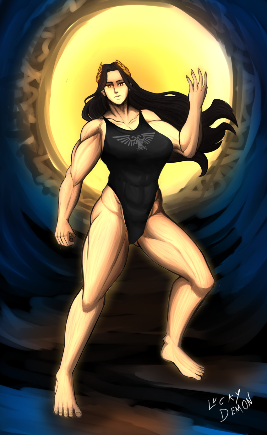 aquila_mark_(w40k) big_breasts black_hair genderswap god-emperor_of_mankind long_hair looking_at_viewer luckydemon muscle muscular muscular_female swimsuit warhammer_(franchise) warhammer_40k