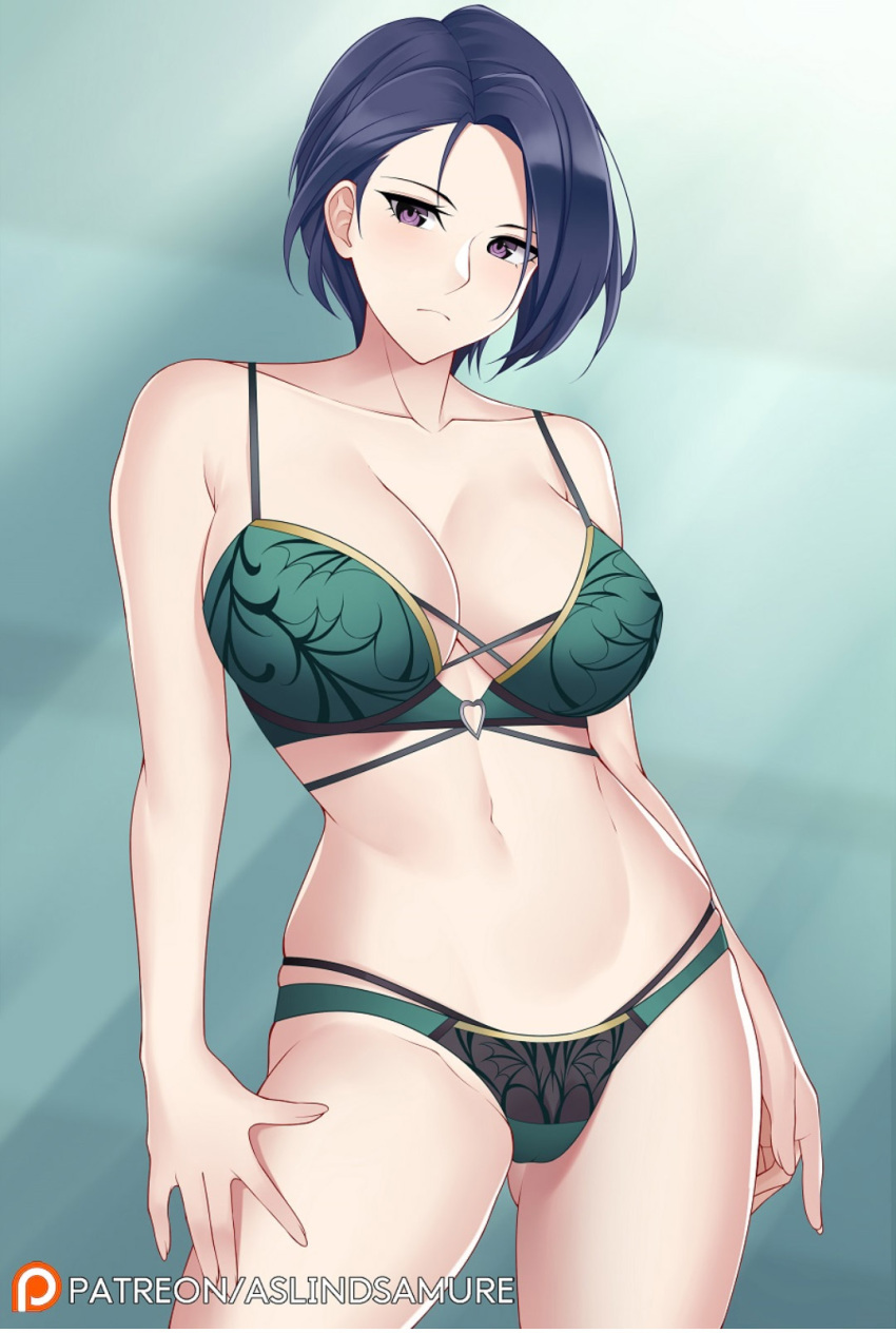 1girl aslindsamure big_breasts blue_hair blush bra female_only fire_emblem fire_emblem:_three_houses green_bra mature_female nintendo panties purple_eyes shamir_nevrand short_hair solo_focus thick_thighs two-tone_panties