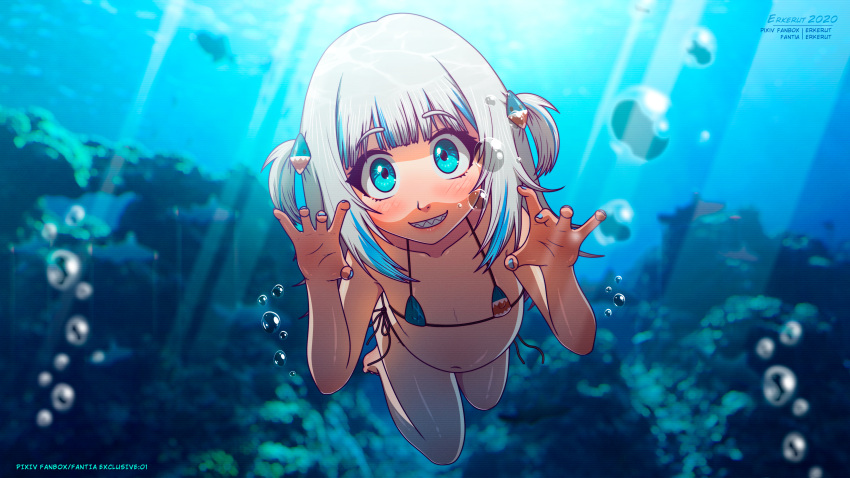 absurdres bikini blue_eyes erkerut flat_chested freediving gawr_gura highres hololive hololive_english micro_bikini nail_polish ocean small_breasts swimming swimsuit underwater white_hair