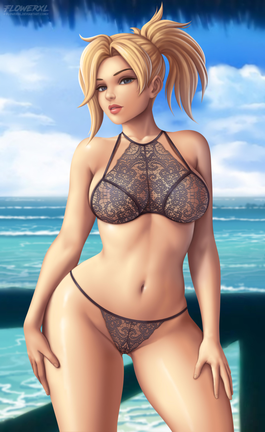 1girl beach big_breasts black_bra black_lingerie black_panties blonde_hair blue_eyes bra breasts bridge cleft_of_venus contrapposto curvy eye_contact female_only flowerxl lace lace-trimmed_bra lace-trimmed_panties lace_trim lips lipstick looking_at_another makeup medium_breasts mercy_(overwatch) navel overwatch panties parted_lips ponytail underwear