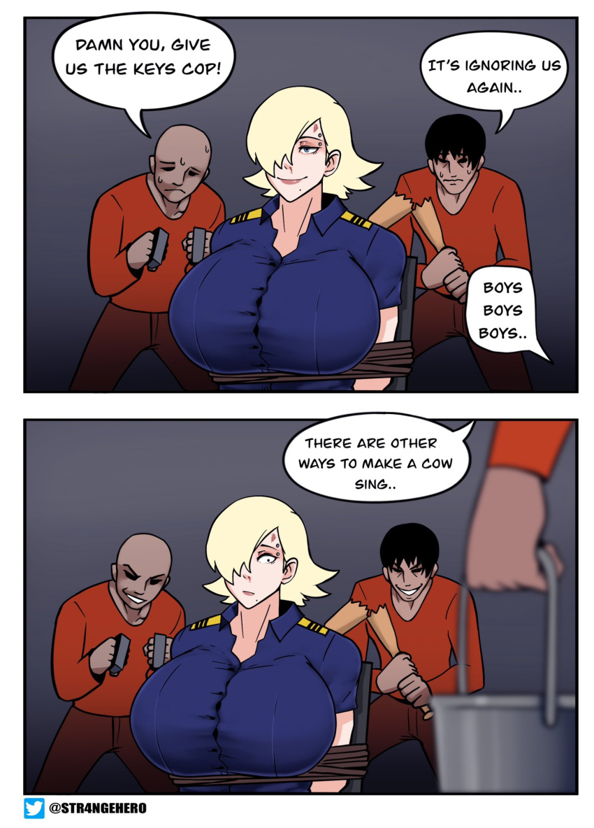 avis_(strangehero) big_breasts big_muscles blonde_hair bruises bucket fists hair_over_one_eye huge_breasts imminent_milking one_eye_covered original piercing prisoners short_hair smile strangehero sweat text tied tied_up tired