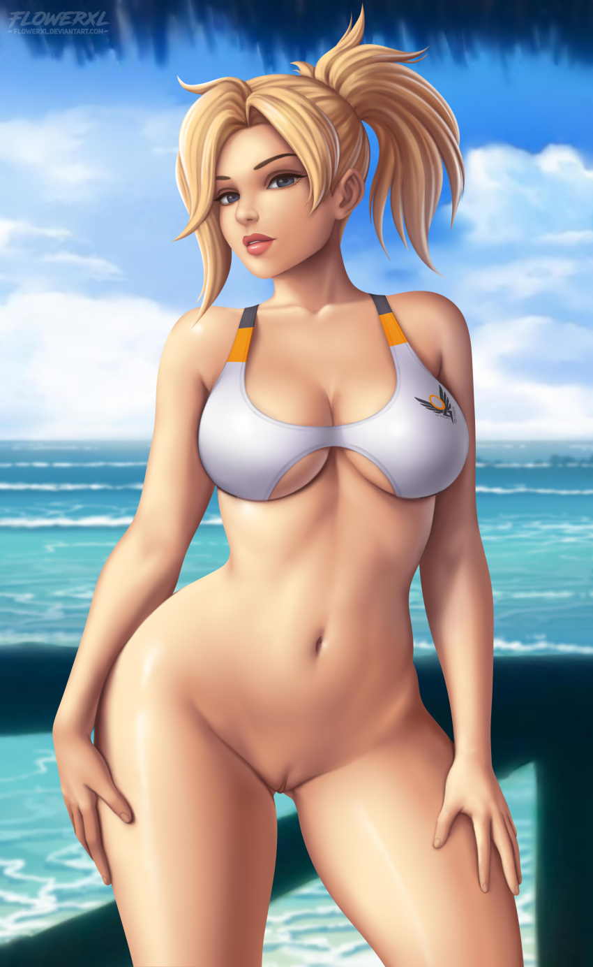 1girl absurd_res big_breasts blonde_hair bottomless bra breasts cleavage contrapposto female_focus female_only flowerxl hands_on_own_thighs high_res long_hair mature_female mercy_(overwatch) no_underwear_(female) ocean overwatch pussy solo_female solo_focus swimsuit underwear video_game_character