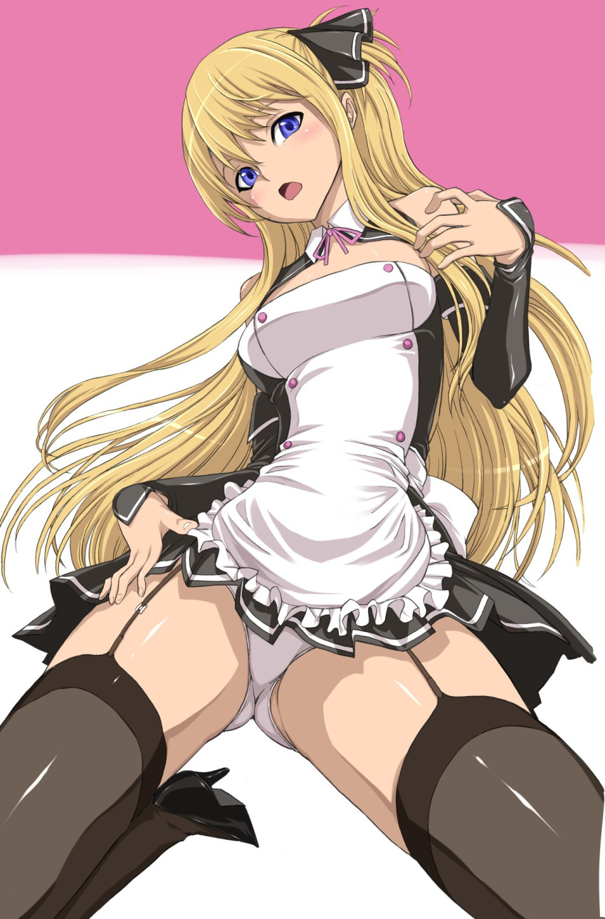 1_girl 1girl bad_hands bad_leg bare_legs bare_shoulders black_high_heels black_legwear black_thighhighs blonde blonde_hair blue_eyes bowtie cleavage_cutout cosplay detached_collar detached_sleeves dream_c_club error female garter_belt garter_straps hair_bow hair_ornament hakaba_(dairiseki) head_tilt high_heels high_res highres legs legwear long_hair looking_at_viewer mian_(dream_c_club) mian_(dream_c_club)_(cosplay) neck open_mouth panties pantyshot pink_background quiz_magic_academy shalon shiny shiny_skin shoes shy sitting solo thighhighs two-tone_background underwear waitress wariza white_background white_panties