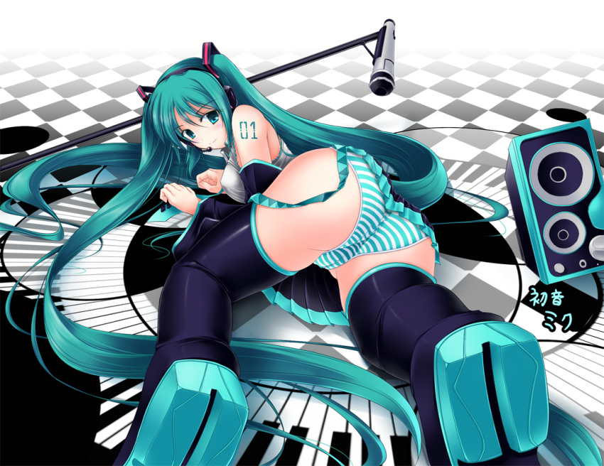 1girl aqua_eyes aqua_hair ass bad_id boots cameltoe circular_keyboard detached_sleeves female gisyo hatsune_miku headset instrument keyboard_(instrument) long_hair lying microphone microphone_stand miku_hatsune necktie panties piano_keys pleated_skirt skirt solo striped striped_panties thigh_boots twin_tails underwear very_long_hair vocaloid zettai_ryouiki