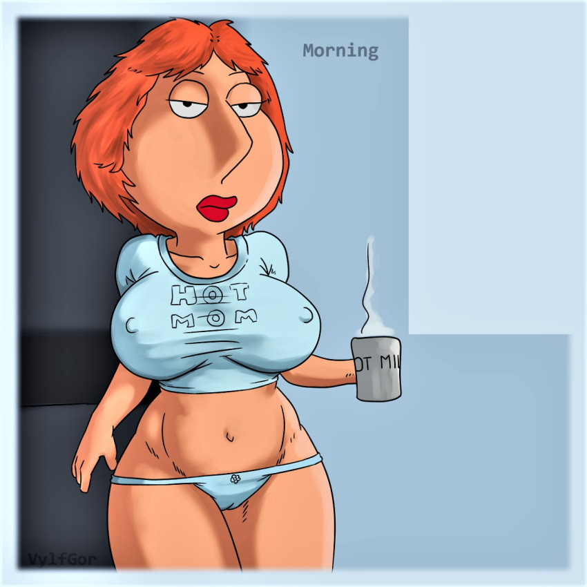 big_breasts cameltoe coffee_mug erect_nipples_under_clothes family_guy huge_breasts lois_griffin milf nipple_pinch panties thick_thighs thighs vylfgor