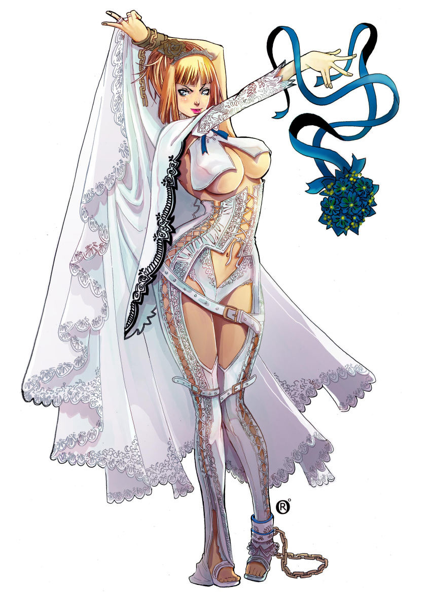 1girl alluring blonde_hair blue_eyes bonus_costume bouquet breasts emilie_de_rochefort namco tekken tekken_5_dark_resurrection tekken_7 tekken_tag_tournament_2 under_boob wedding_veil