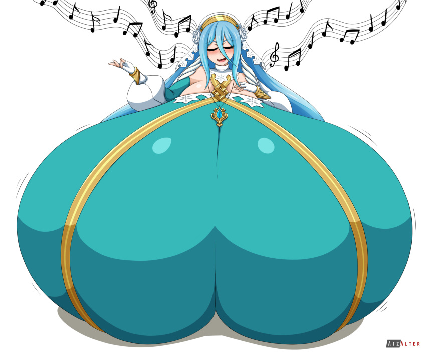 1girl aizalter alternate_costume azura_(fire_emblem) blue_hair blush closed_eyes female_only fingerless_gloves fire_emblem fire_emblem_fates fire_emblem_heroes gigantic_breasts gloves hair_between_eyes hyper_breasts light_blue_hair long_hair nintendo official_alternate_costume singing smile