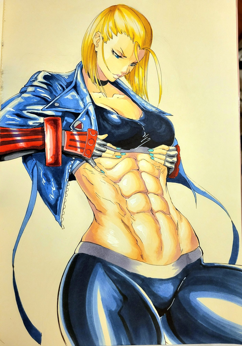 1girl abs bad_anatomy big_breasts blonde_hair blue_eyes breasts cammy_white choker clothed_female clothing female_focus female_only gloves handdrawn hands_on_breasts high_res jacket looking_down mature mature_female muscular muscular_female octavius_dp pants short_hair solo_female solo_focus sports_bra street_fighter street_fighter_6 thick_thighs video_game_character video_game_franchise