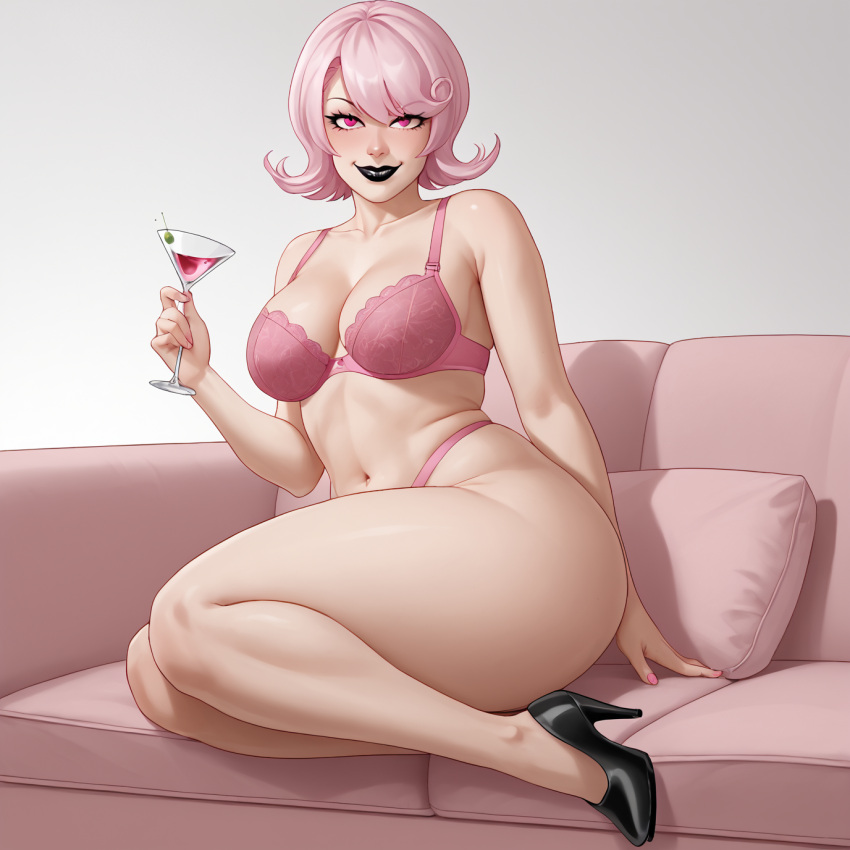 ai_generated almost_nude black_lipstick bra chubby chubby_female couch eyelashes heeled_shoes high_heels lingerie panties pink_bra pink_eyes pink_hair pink_panties semi_nude short_hair stable_diffusion underwear wine_glass