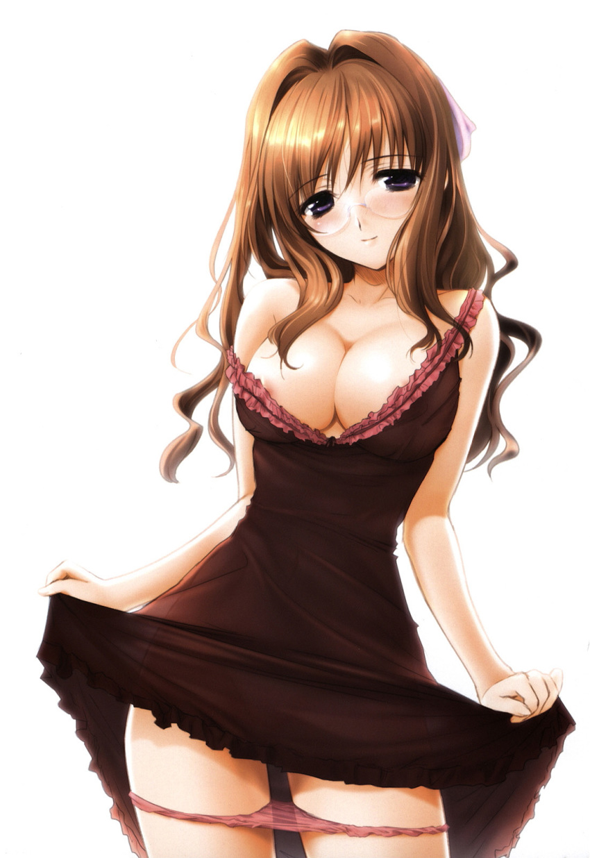 1girl areolae blush breasts brown_hair brown_panties cleavage dress dress_lift female floralia glasses highres lingerie long_hair masaharu nightgown nipple_slip nipples panties panty_pull pink_panties purple_eyes sakurai_shino skirt skirt_lift smile solo strap_slip underwear