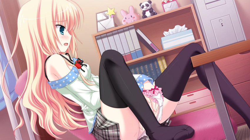 1girl blonde_hair blue_eyes carol_dowj chimaro feet female fingering food fruit game_cg hand_in_panties kisaragi_gold_star legwear masturbation nitta_ichika no_shoes panties pussy_juice skirt solo strawberry thighhighs underwear upskirt