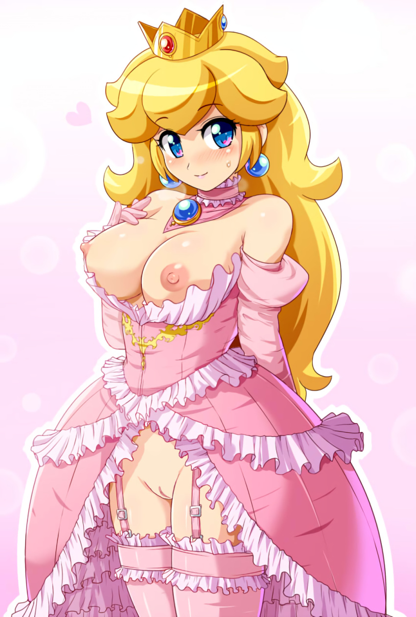 1girl 1girl 1girl big_breasts blonde_hair blue_eyes breasts breasts_out clothing female_only garter_straps gloves gown heart konpeto long_hair looking_at_viewer mario_(series) nintendo nipples pink_background pink_gloves princess_peach pussy revealing_clothes