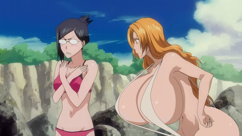 2_girls beach bikini black_hair bleach blush embarrassed gigantic_ass gigantic_breasts hourglass_figure nanao_ise orange_hair photoshop rangiku_matsumoto razafrazz