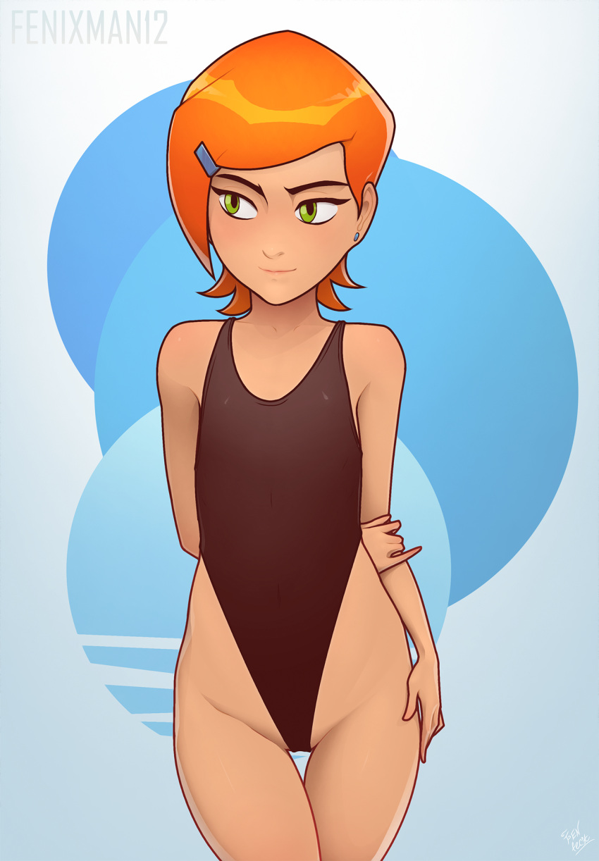 1girl bare_legs barefoot ben_10 fenixman12 gwen_tennyson hair_ornament hairclip high_res highleg highleg_swimsuit one-piece_swimsuit orange_hair shiny shiny_hair small_breasts standing swimsuit