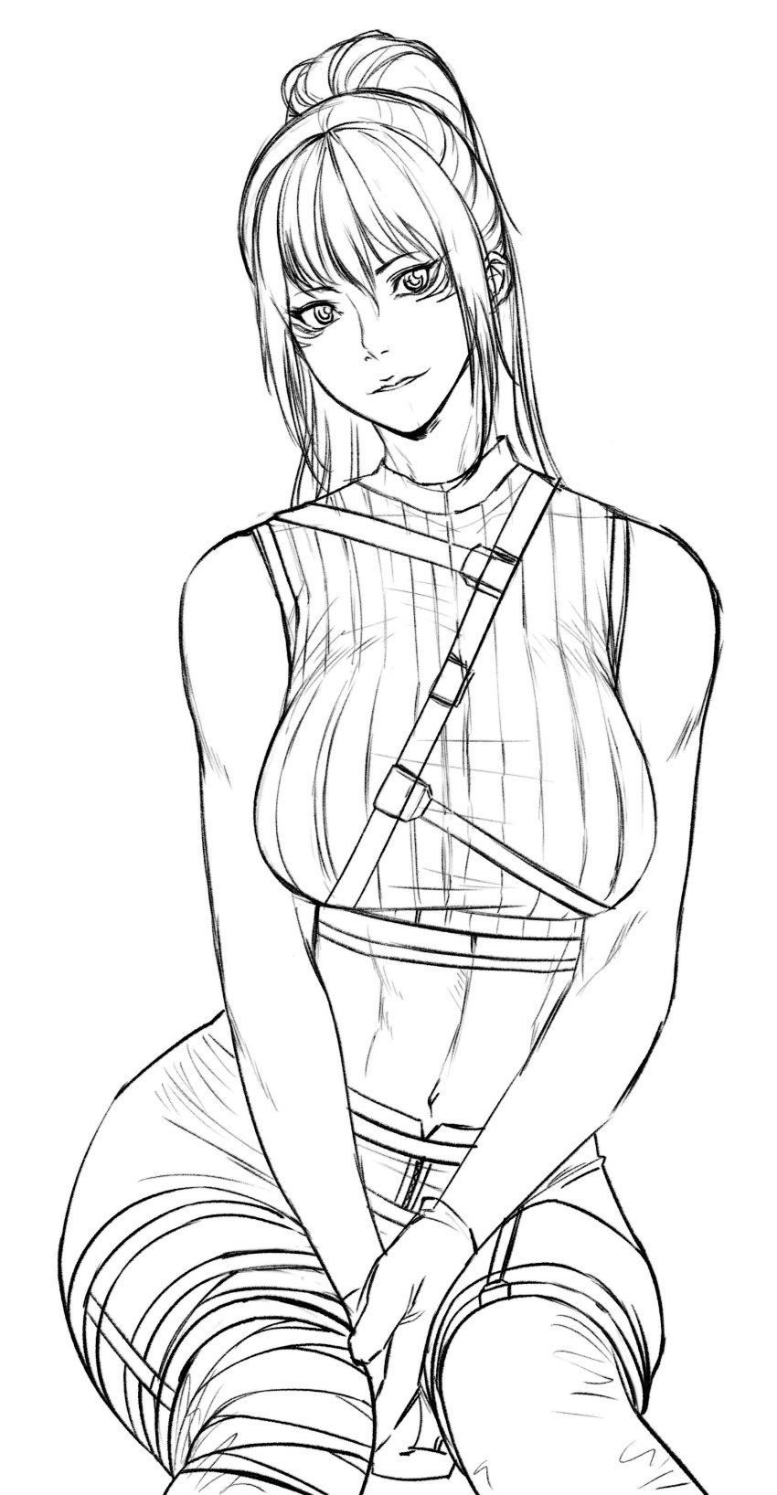 1girl alluring athletic_female beautiful cute female_abs fit_female insanely_hot kitsune_marks kunimitsu_ii kunoichi monochrome namco ponytail shorts sleeveless_shirt tekken tekken_8 wip