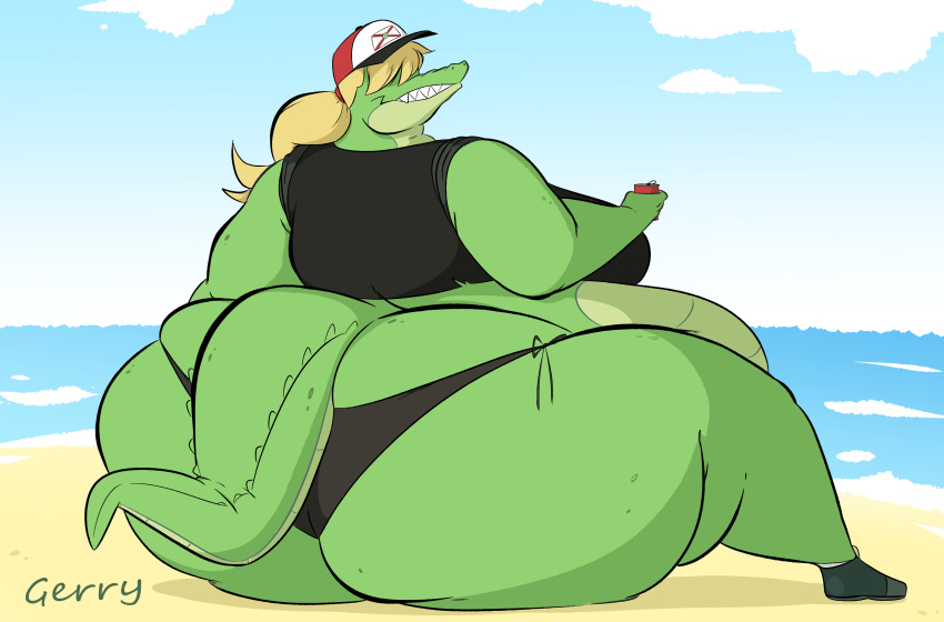 1girl alligator alligatorid anthro ass bbw beach belly big_ass big_belly bikini black_clothing black_panties black_shirt black_underwear blonde_hair cap clothed clothing crocodile crocodilian crocodylid dat_ass fan_character fat_ass female_only gerry_(ridiculouscake) green_body hair hair_over_eyes hat headgear headwear huge_ass original_character plump ponytail reptile ridiculouscake samuraibo scalie shirt ssbbw thick_ass