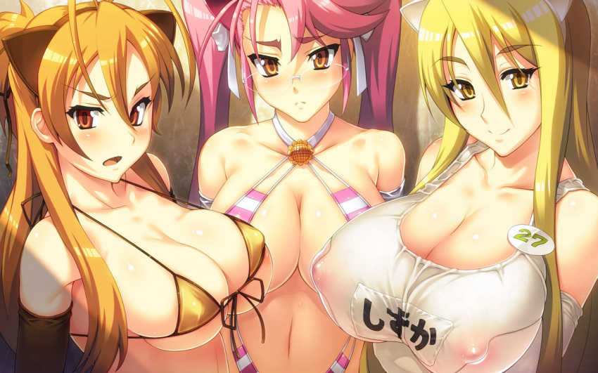 3girls big_breasts bikini blonde_hair breasts brown_eyes brown_hair cleavage elbow_gloves erect_nipples female gloves hair highschool_of_the_dead huge_breasts long_hair marikawa_shizuka miyamoto_rei multiple_girls pink_hair school_swimsuit see-through shizuka_marikawa swimsuit takagi_saya tank_top yellow_eyes yn_red