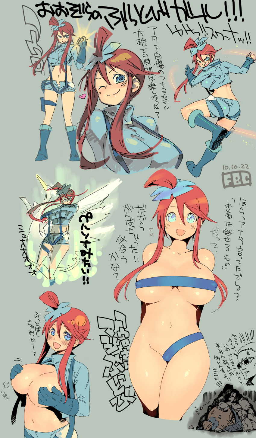 1girl absurdres blue_eyes breasts fbc fuuro_(pokemon) gym_leader highres large_breasts multiple_views pokemon pokemon_(game) pokemon_black_and_white pokemon_bw red_hair redhead text translation_request