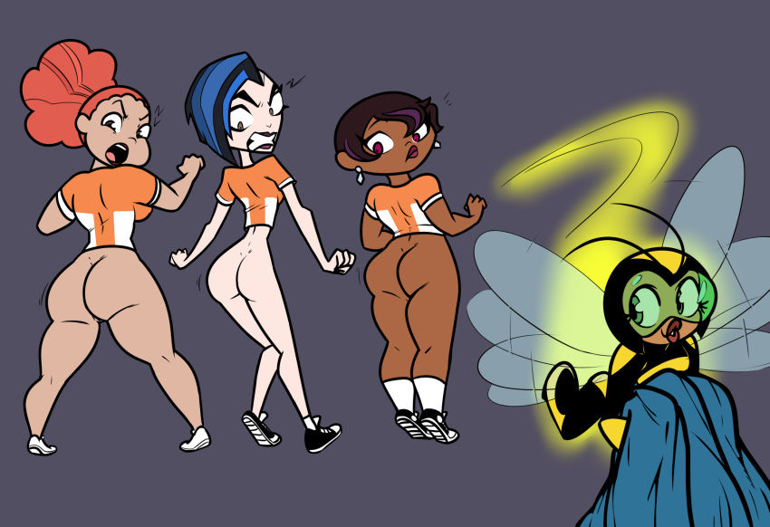 4girls ass assisted_exposure big_ass bottomless bubble_butt bumblebee calicobggs catwoman dark-skinned_female dc_comics dc_super_hero_girls dimples_of_venus doris_zeul embarrassed embarrassed_nude_female embarrassing female female_only flying giganta karen_beecher_(shg) leslie_willis light-skinned_female long_hair looking_back looking_down orange_hair prank selina_kyle short_hair terrible_the_drawfag thick_thighs wide_hips