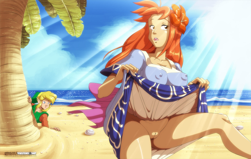 areola beach blonde_hair bottomless breasts hibiscus link link's_awakening marin nintendo nipples nipples_visible_through_clothing no_panties nopan ocean orange_hair outside pussy sakurakasugano sakusakupanic the_legend_of_zelda the_legend_of_zelda:_link's_awakening