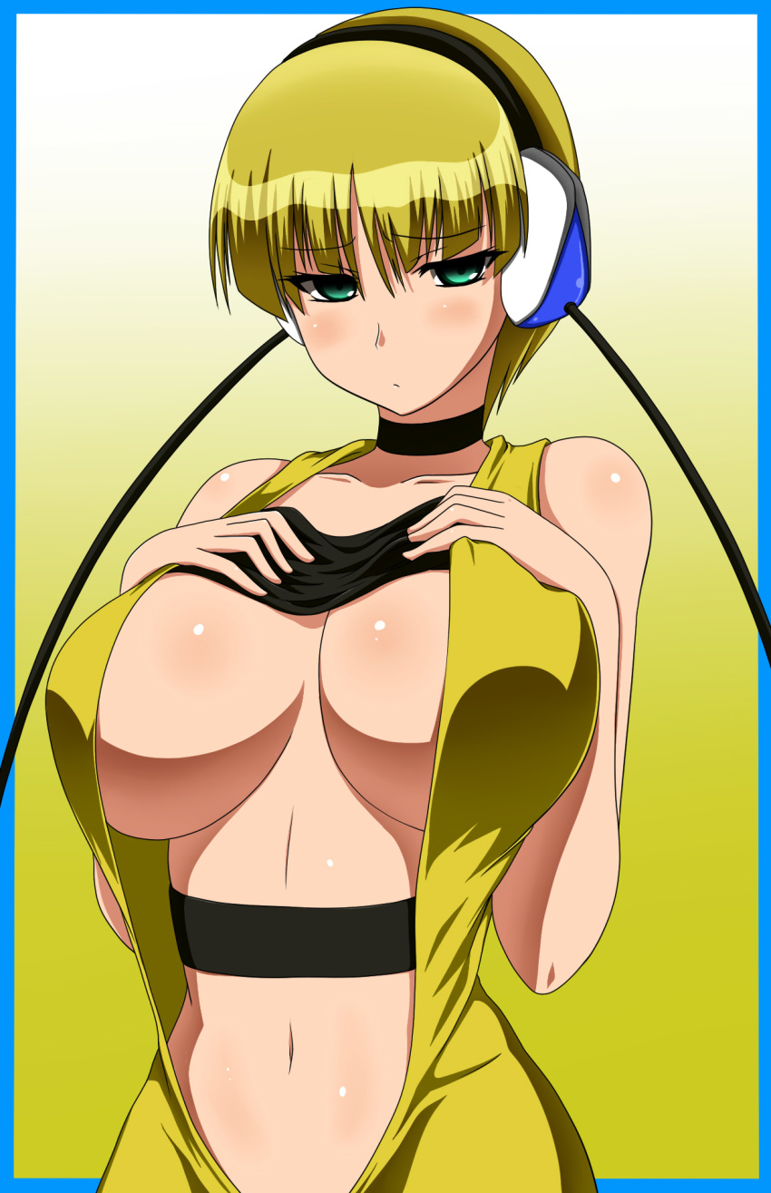 1girl bare_shoulders blonde_hair blush bob_cut breast_suppress breasts cable choker cleavage collarbone creatures_(company) elesa_(pokemon) game_freak gradient_background green_background green_eyes gym_leader halterneck headphones highres huge_breasts humans_of_pokemon kamitsure_(pokemon) looking_at_viewer midriff navel nintendo pepo pepo_(absolute1123) pokemon pokemon_(anime) pokemon_(game) pokemon_black_2_&_white_2 pokemon_black_and_white pokemon_bw pokemon_bw2 porkyman purple_eyes short_hair simple_background solo standing vest