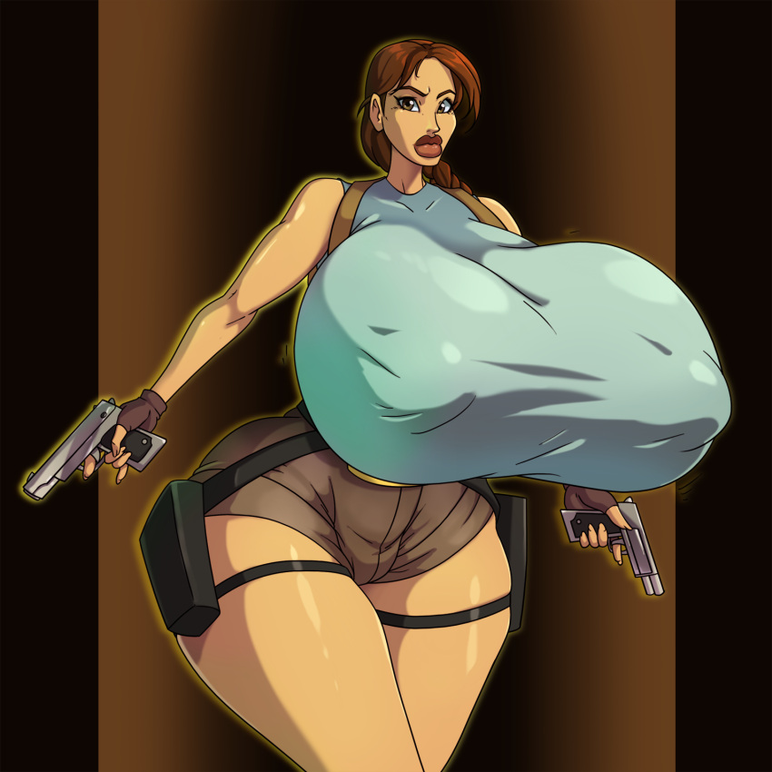 brown_hair gigantic_ass gigantic_breasts handgun lara_croft single_braid spiralingstaircase tomb_raider voluptuous