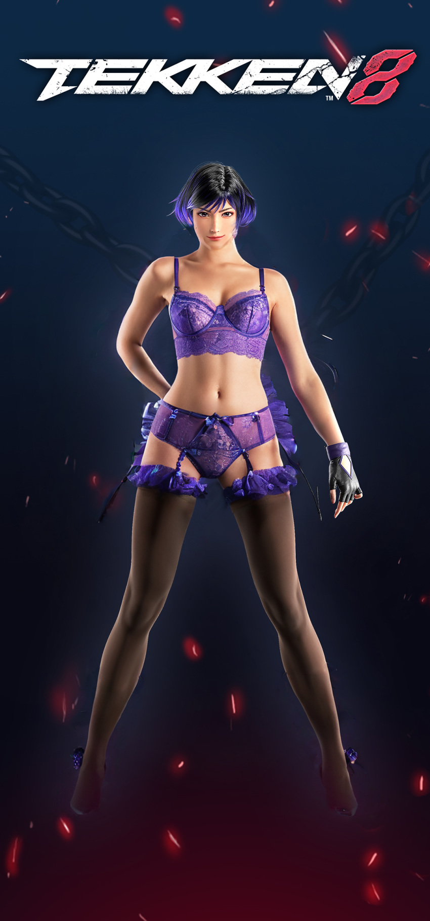 1girl alluring black_and_purple_hair fanmade grey_eyes lingerie medium_breasts namco paradox_(artist) reina_(tekken) tekken tekken_8 thighhigh_stockings underwear