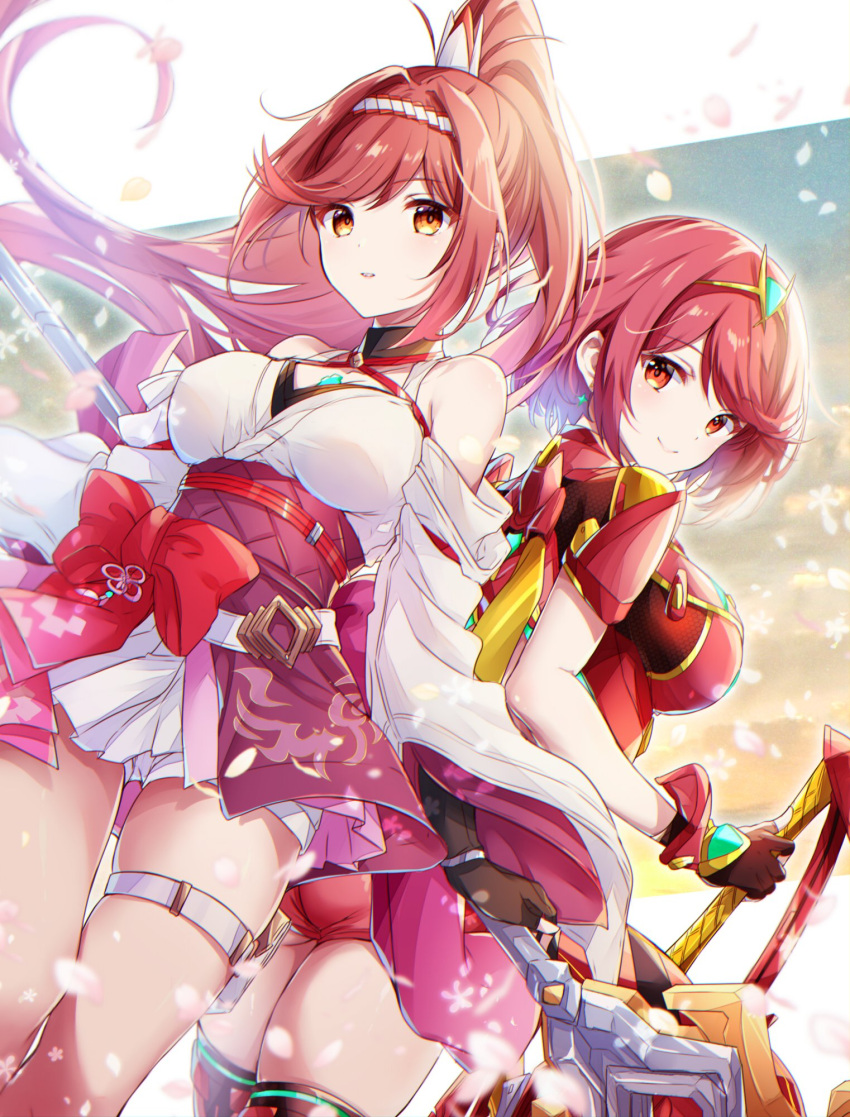 2_girls aegis_sword_(xenoblade) alluring bare_shoulders big_breasts breasts chest_jewel cleavage core_crystal_(xenoblade) criss-cross_halter detached_sleeves earrings fingerless_gloves glimmer_(xenoblade) gloves hairband halterneck headpiece high_ponytail high_res japanese_clothes jewelry kimono long_hair looking_at_viewer milf mother_&_daughter multiple_girls nintendo obi ponytail pyra red_eyes red_hair sash short_hair shorts smile stockings swept_bangs tiara two-tone_hairband ui_frara white_kimono xenoblade_(series) xenoblade_chronicles_2 xenoblade_chronicles_3 xenoblade_chronicles_3:_future_redeemed