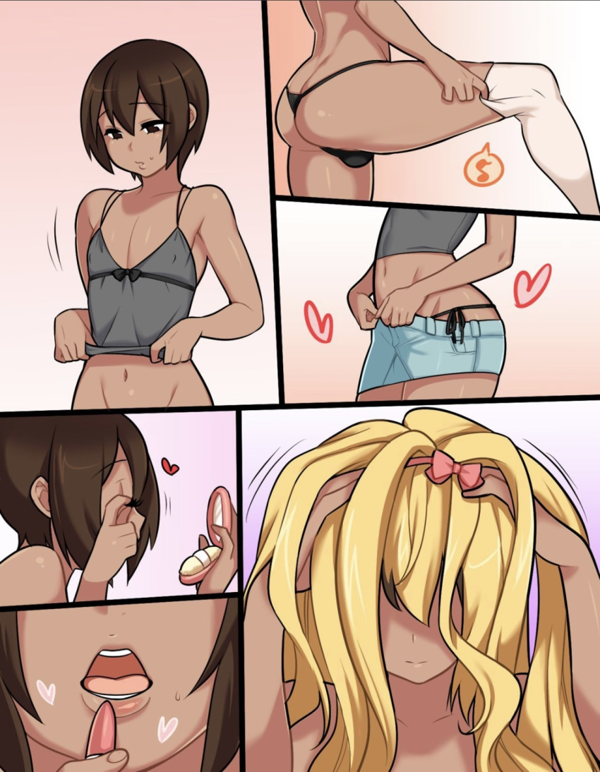 1boy agawa_ryou big_ass black_thong blonde_hair brown_eyes brown_hair bulge crossdressing dark-skinned_femboy dark-skinned_male denim_skirt femboy getting_dressed kirihara_tatsugoro_torayasu makeup putting_on_makeup putting_on_wig ryo_agawa small_penis stockings tank_top thin_waist thong white_thighhighs wide_hips wig