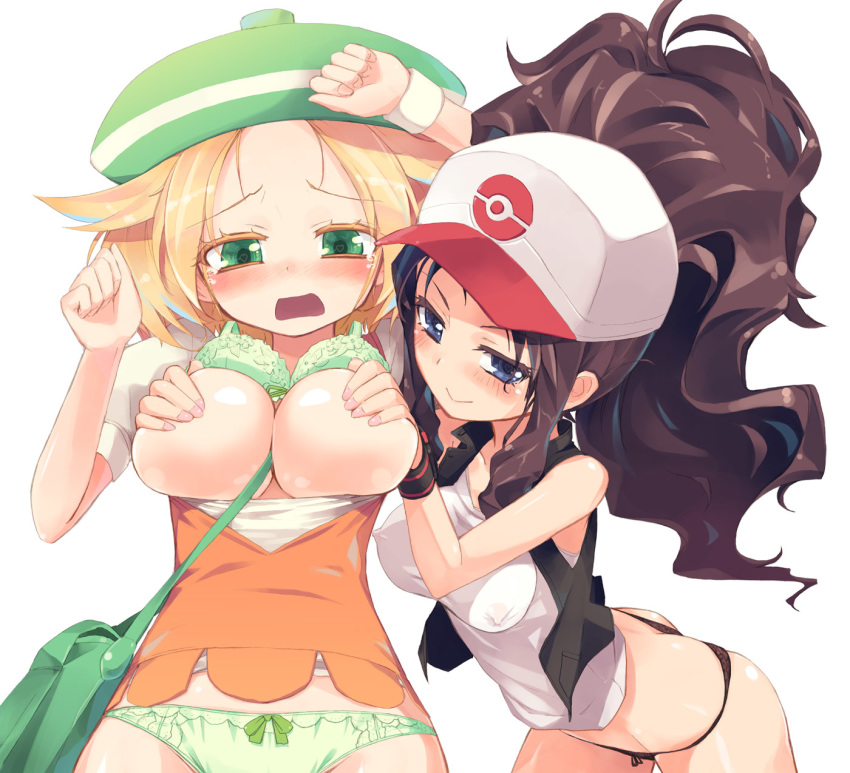 2_girls baseball_cap bel_(pokemon) bianca_(pokemon) black_panties blonde_hair blue_eyes blush bow bow_bra bow_panties bra bra_lift breast_grab breasts brown_hair colored_eyelashes creatures_(company) erect_nipples eyelashes female_protagonist_(pokemon_bw2) game_freak grabbing green_bra green_eyes green_panties hat highres hilda_(pokemon) homura_subaru huge_breasts humans_of_pokemon light-skinned_female lingerie long_hair multiple_girls nintendo no_pants panties pokemon pokemon_(anime) pokemon_(game) pokemon_black_2_&_white_2 pokemon_black_and_white pokemon_bw pokemon_bw2 ponytail short_hair symbol-shaped_pupils touko_(pokemon) underwear white_(pokemon) yellow_hair yuri