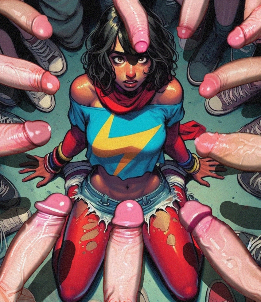 1girl ai_edit ai_generated armwear bracelets brown_eyes brown_hair brown_skin crop_top dark-skinned_female hot_pants interracial kamala_khan leggings light-skinned_male looking_at_penis marvel marvel_comics midriff ms._marvel multiple_boys multiple_penises muslim_female older older_female pakistani_female scarf short_hair short_shorts superheroine surrounded surrounded_by_penises young_adult young_adult_female young_adult_woman