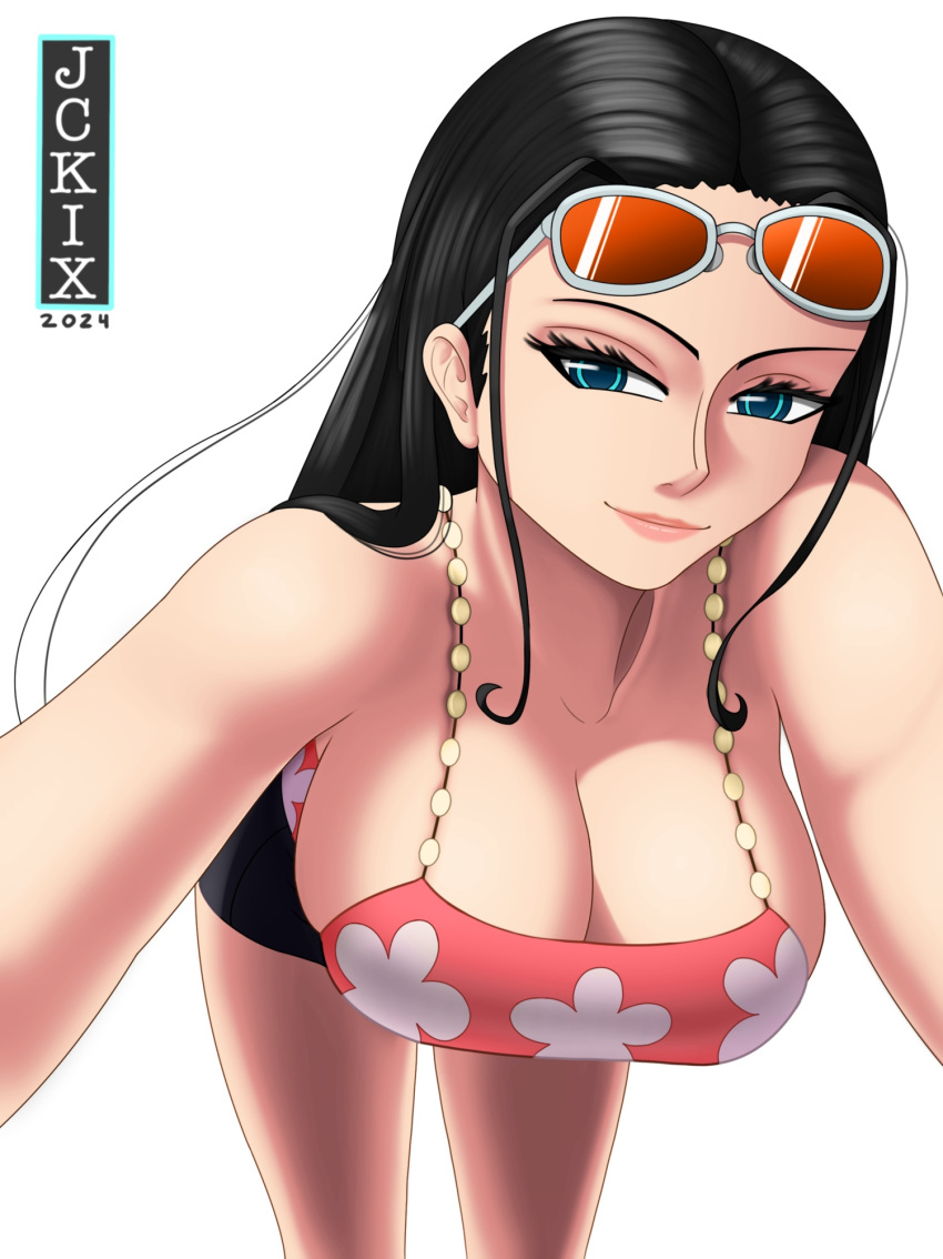 1girl bare_arms bare_legs bare_shoulders bare_thighs big_breasts bitch black_hair blue_eyes clothed clothing color female_focus female_only high_res hooker jckix_art light-skinned_female light_skin long_hair looking_at_viewer mature_female nico_robin one_piece pervert pervert_female post-timeskip punk_hazard sex_invitation sexually_suggestive shounen_jump smile solo_female sunglasses sunglasses_on_head thick_thighs