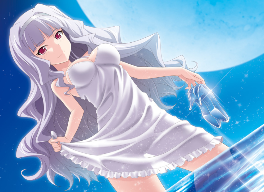 1girl alluring breasts dress dutch_angle female full_moon hairband high_heels holding holding_shoes idolmaster long_hair masakichi_(crossroad) moon red_eyes see-through see-through_silhouette shijou_takane shoes silver_hair skirt_hold smile solo sparkle very_long_hair voluptuous wading water white_dress