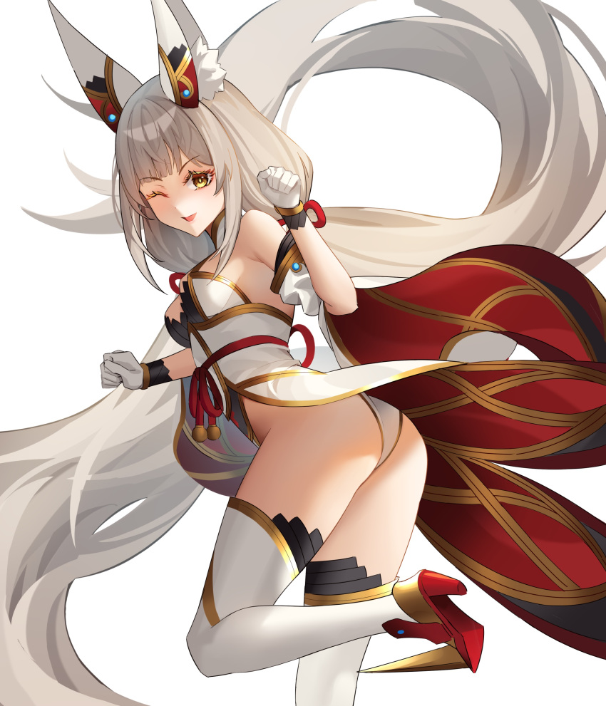 1girl 1girl ;d absurd_res alluring animal_ear_fluff animal_ears ass bare_shoulders blunt_bangs breasts cat_ears coattails detached_sleeves eol_9 gloves grey_hair high_heels high_res leg_lift leotard long_hair long_sleeves looking_at_viewer low_twintails medium_breasts nia_(blade)_(xenoblade) nia_(xenoblade) one_eye_closed open_mouth paw_pose red_footwear simple_background smile standing standing_on_one_leg stockings twin_tails very_long_hair white_background white_gloves white_leotard white_thighhighs wide_sleeves xenoblade_(series) xenoblade_chronicles_2 yellow_eyes