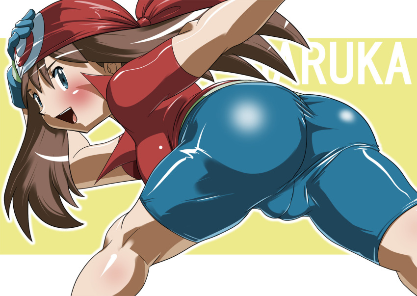 ass bandanna bike_shorts blush cameltoe haruka_(pokemon) hikawadou latex pokemon shiny shiny_clothes shiny_skin smile