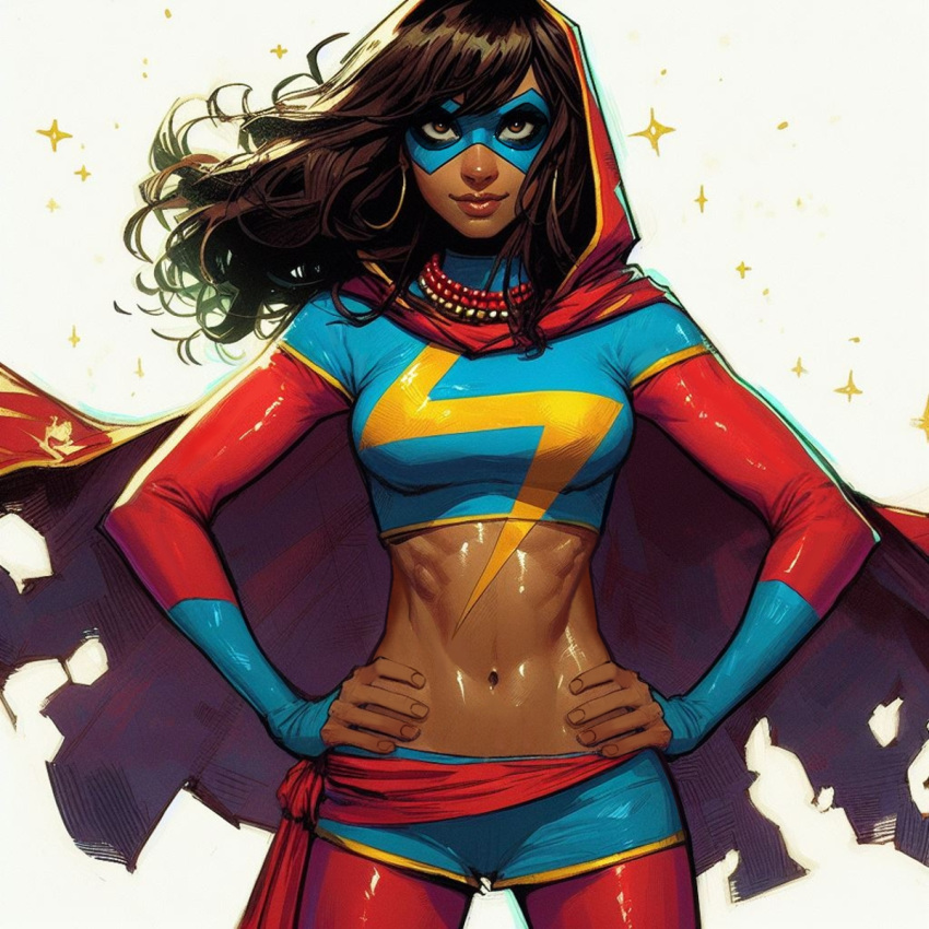 abs ai_edit ai_generated athletic_female belly brown_eyes brown_hair brown_skin dark-skinned_female eyemask fit_female kamala_khan long_hair marvel marvel_comics ms._marvel muslim_female older older_female superheroine young_adult young_adult_female young_adult_woman