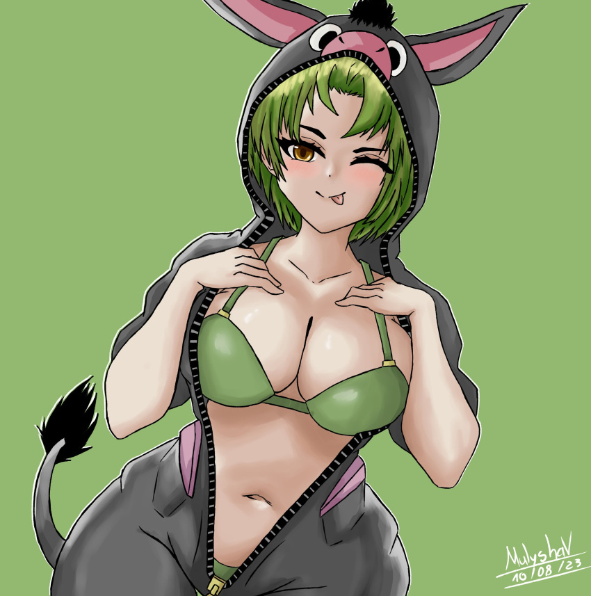 1girl animal_hood animal_tail artist_name artist_signature big_breasts big_chest bra brown_eyes burrita colombian donkey donkey_girl donkey_hood donkey_tail female_focus female_only fingerless_gloves green_bra green_nails green_panties grin hand_over_breast hispanic hispanic_virtual_youtuber indie_virtual_youtuber latam_virtual_youtuber light-skinned_female light_skin mulyshav one_eye_closed panties ryumi ryumivt short_hair signature smile solo_female tongue_out twitch twitch.tv virtual_youtuber vtuber yellow_eyes youtube youtube_hispanic zipper zipper_down