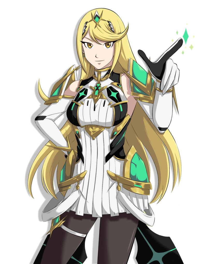 1girl alluring armor armored_dress big_breasts black_leggings blonde_hair dress ememtrp finger_gun gem gloves hand_on_own_hip high_res leggings long_hair mythra mythra_(massive_melee)_(xenoblade) pale_skin pointing simple_background smile sparkle white_background white_dress xenoblade_(series) xenoblade_chronicles_2 yellow_eyes