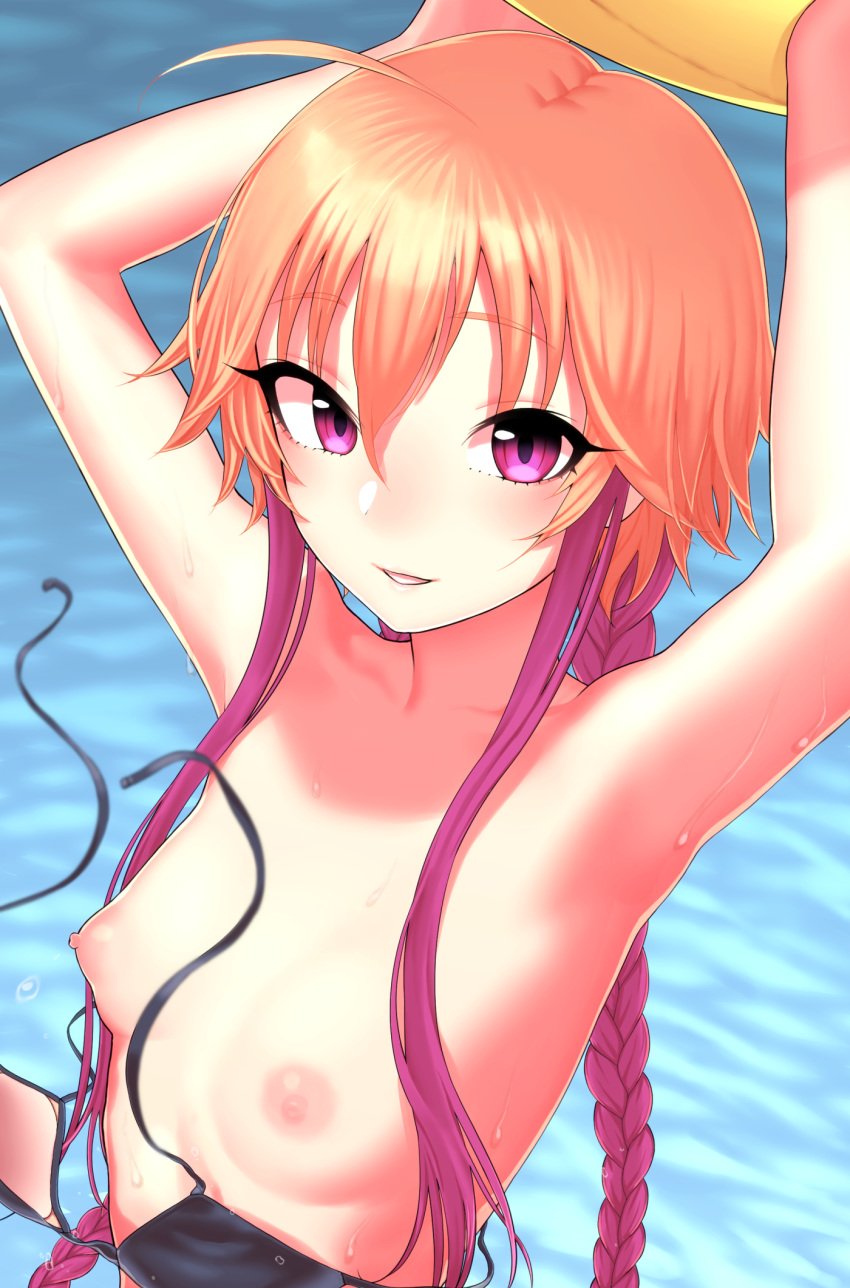 1girl 1girl 1girl ahoge armpits arms_up bangs bikini black_bikini black_swimsuit blush braid breasts clavicle eyebrows_visible_through_hair gishu high_resolution holding idolmaster idolmaster long_hair looking_at_viewer multicolored_hair ninomiya_asuka nipples nude orange_hair parted_lips purple_eyes purple_hair sidelocks small_breasts smile swimsuit tied_hair twin_braids two-tone_hair untied untied_bikini very_long_hair wardrobe_malfunction water