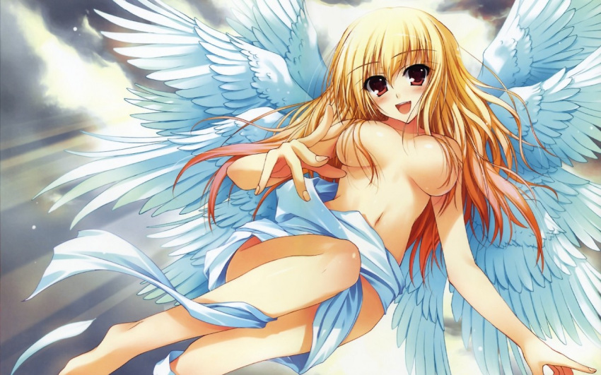 1_girl 1girl angel angel_wings arm arms bare_legs barefoot big_breasts blonde blonde_hair blush breasts convenient_censoring feet female flying hair_over_breasts happy high_res highres large_breasts legs long_hair looking_at_viewer navel open_mouth original red_eyes seraph_(angel) seraphim_(angel) shiny shiny_hair shiny_skin sky smile solo tomose_shunsaku topless wings